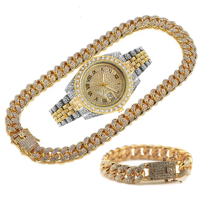 Montre entièrement glacée pour hommes, Bracelet, collier, ras du cou, bijoux bling-bling, grande chaîne en or, Hip Hop, ensemble de montre: bgold mixgolddiamoud