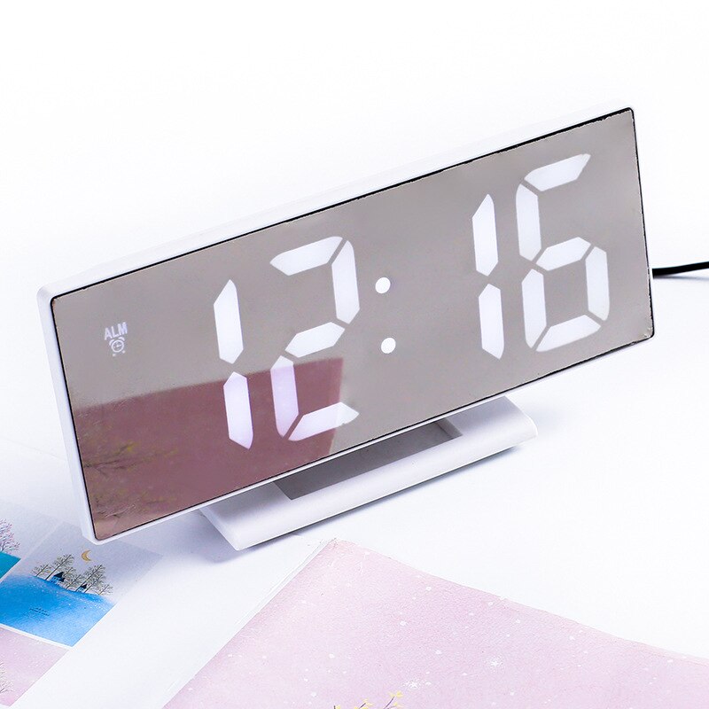 LED Digital Alarm Clock Mirror Electronic Clocks Multifunction Large LCD Display Digital Table Clock with Temperature Calendar: Full White