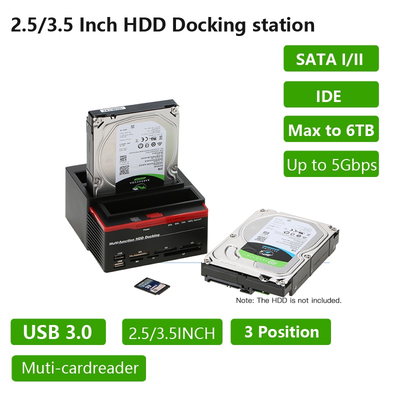 2.5 "/3.5" USB 3.0 naar 2 SATA Poorten 1 IDE Poort Externe HDD Harde Schijf Disk Docking station Kaartlezer USB3.0 Hub met OTB/OTC