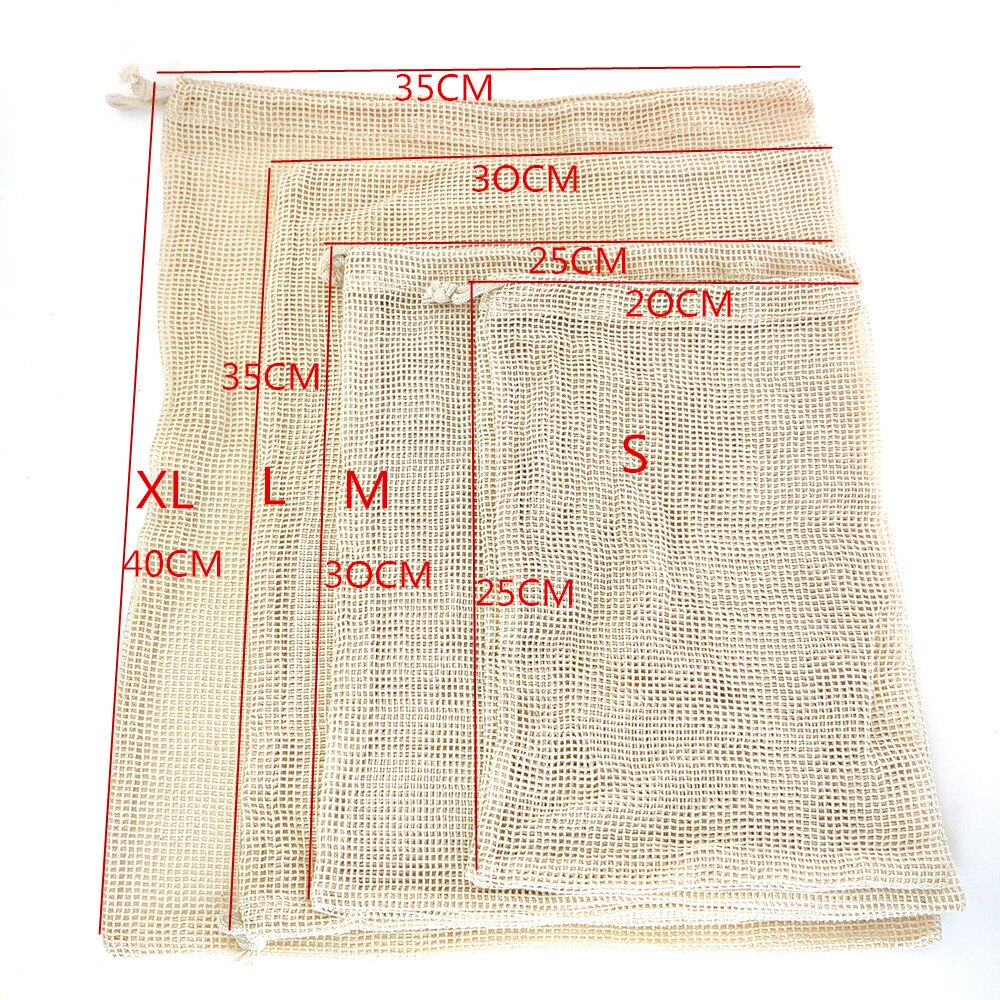 Cotton Mesh Vegetable Bags Produce Bag Reusable Cotton Mesh Vegetable Storage Bag Kitchen Fruit Vegetable with Drawstring: 4 size