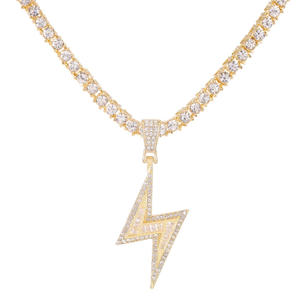 Hip Hop Lightning Pendant Necklace Gold Tennis Chain Iced Out Rhinestone Necklaces for Women Men collares de moda: Tennis Chain Gold / 24inch(60cm)