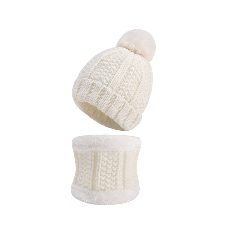 Tweedelige muts sjaal set muts kindermutsen meisjes mutsen bal pompon houd warm winter gebreide skullies kinderen bot: Wit