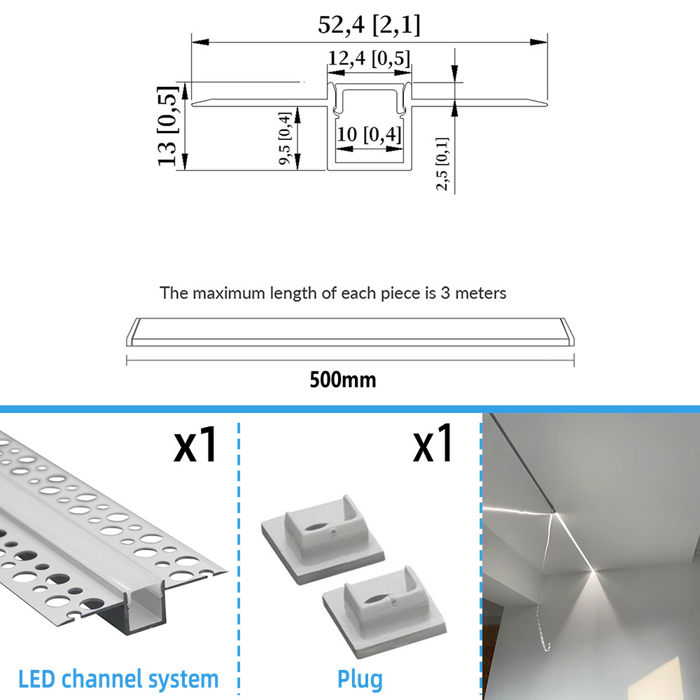 52*13mm 1pcs 0.5m LED Aluminum Profile Channel for Ceiling Wall Light Aluminium LED Strip with Milky Cover and LED Strip: Blue