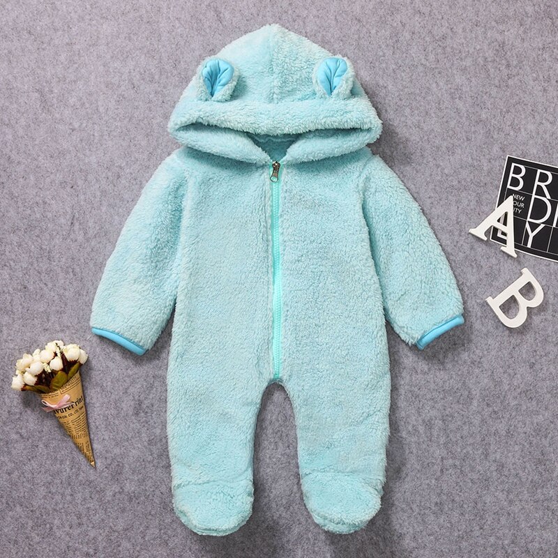 Baby Winter Jumpsuit Mooie Lange Mouwen Fleece Hooded Romper Solid Uitloper Pyjama Stijl Voor Baby Meisjes Jongens 0-2Y