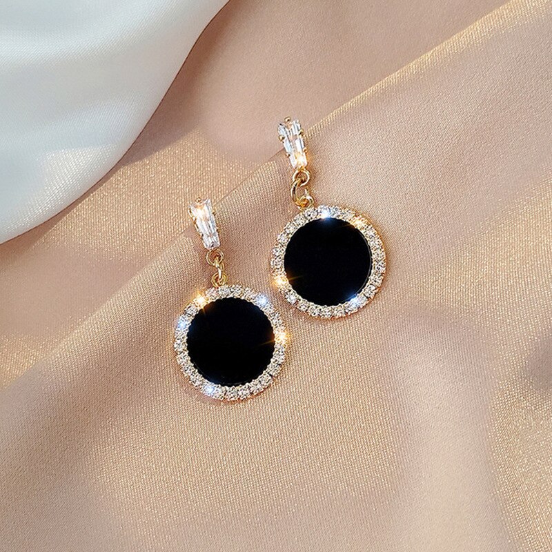 Lats Trend Strass Geometrische Oorbellen Voor Vrouwen Koreaanse Mode Zwarte Kleur Dangle Earring Vrouwelijke Elegante Sieraden