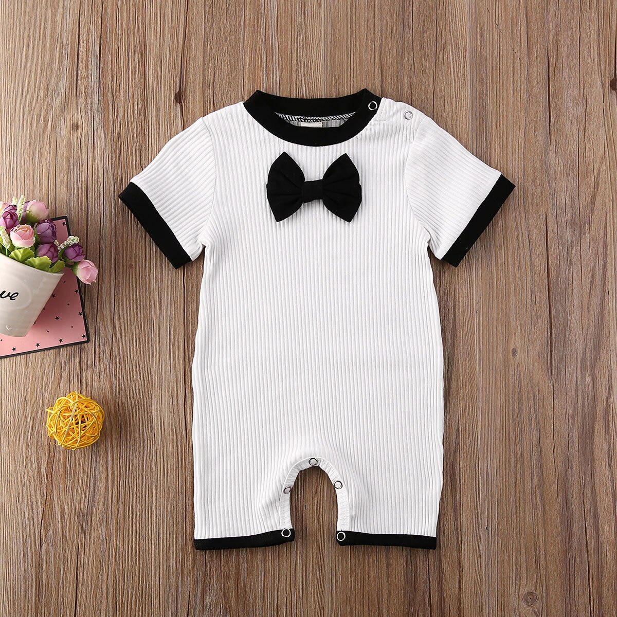 Toddler Baby Boys Summer Clothes Solid Cotton Short Sleeve Romper Playsuit Party Gentleman Bow Tie Outfit