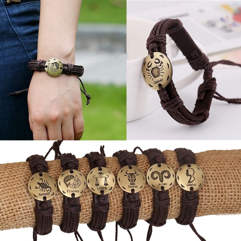 12 konstellationer armbånd smykker læder armbånd mænd afslappet personlighed stjernetegn punk armbånd