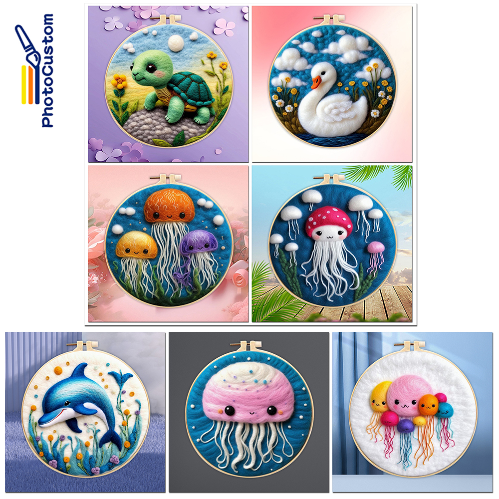 Photocustom 20 x 20cm ram gör-det-själv-ullmålningskit med broderi gör-det-själv-ullnålfiltmålning djurbild filtdekoration