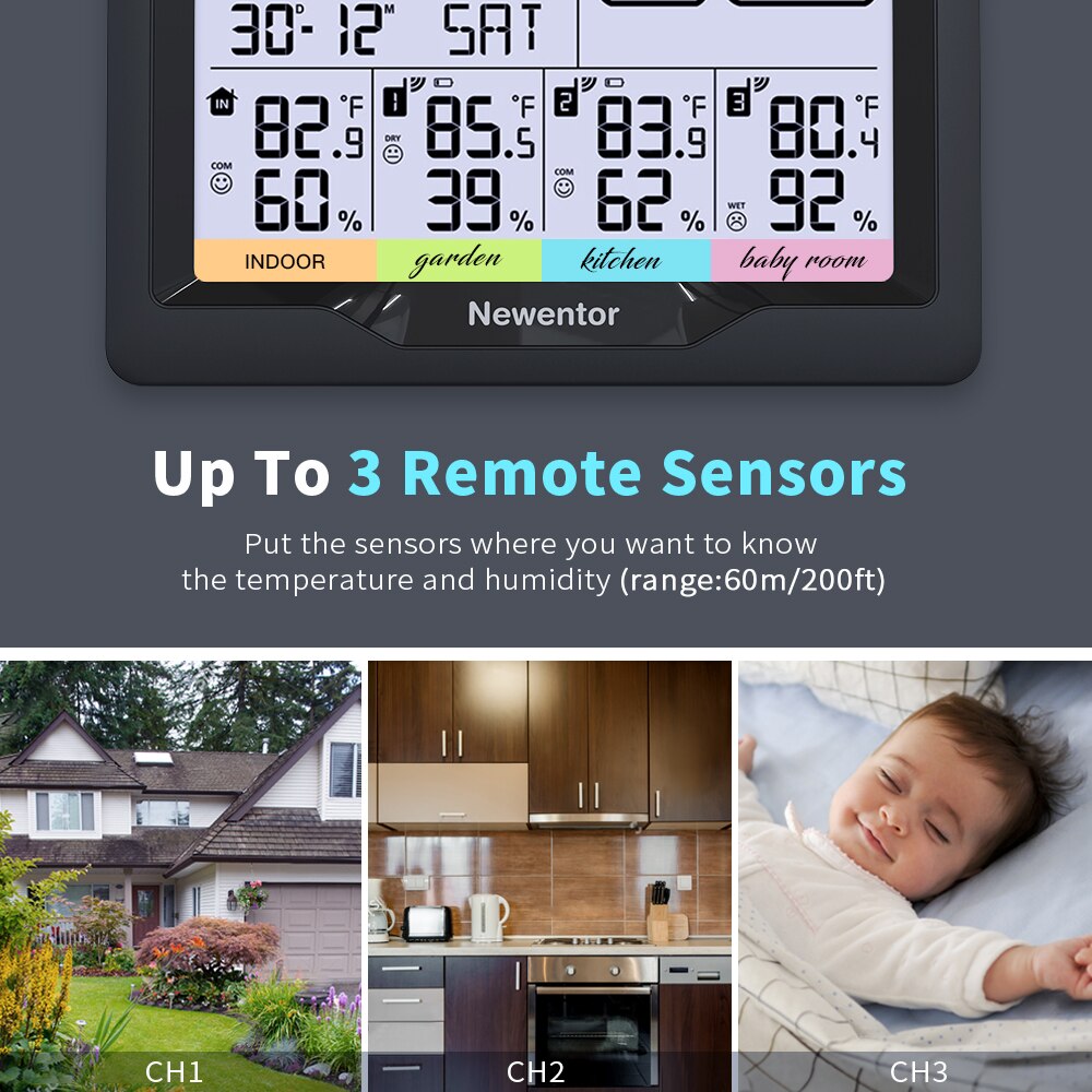 Newentor  q5 vejrstation med 3 sensorer indendørs udendørs digital vejrstation trådløs prognose sensor hygrometer fugtighed