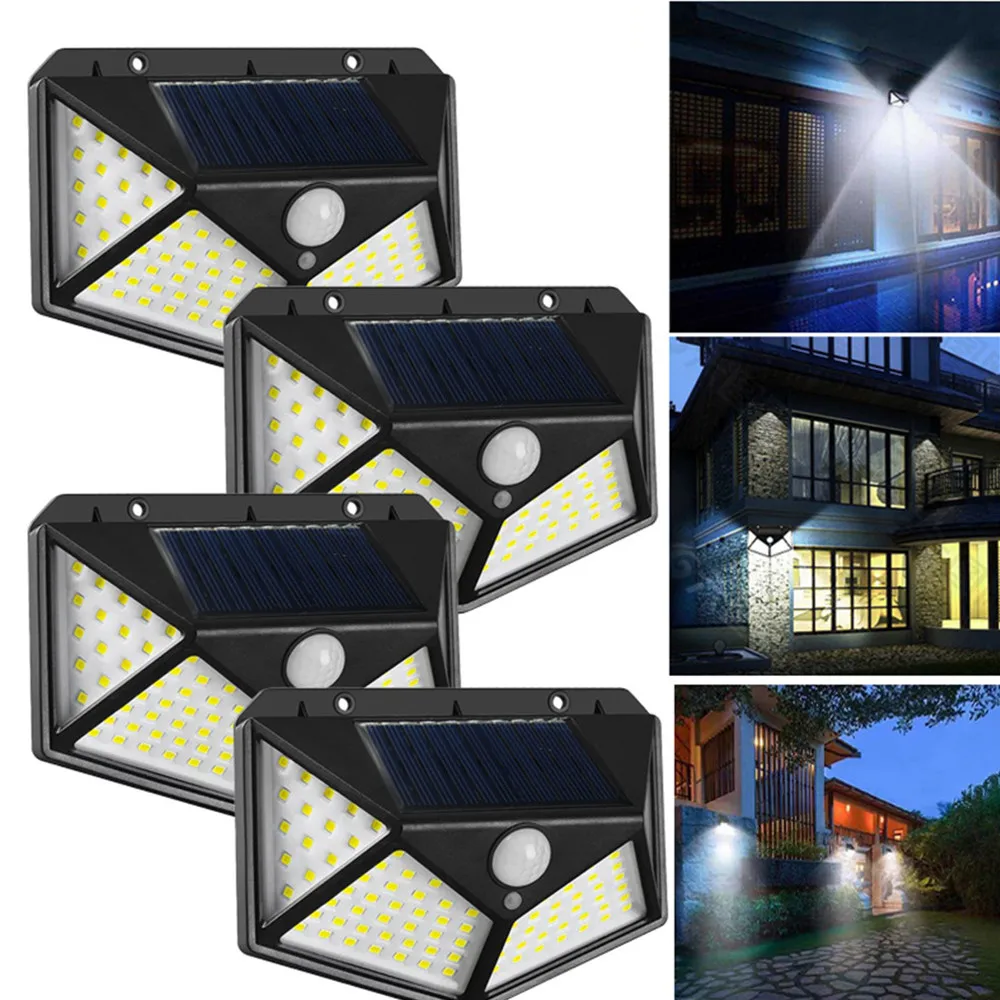 Nyeste solcellelamper udendørs 100 led solcellesensor bevægelseslys 3 tilstande udendørs solcelle trådløs lampe  ip65 vandtætte væglamper: Måneblå