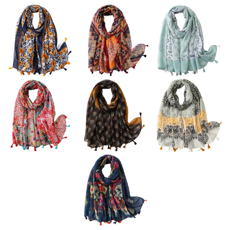 Bohemien Jahrgang Große Schal Geometrische Paisley Blumen- drucken Quasten Schal wickeln N58F
