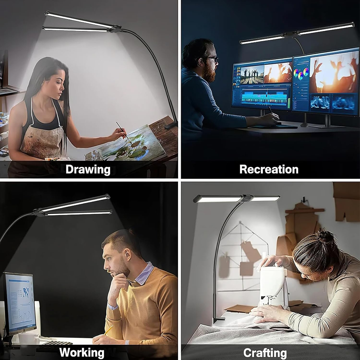 Home Office LED-bureaulamp met clip op dubbele kop Computermonitor Verstelbare en flexibele clip-on lamp met zwanenhalsontwerp
