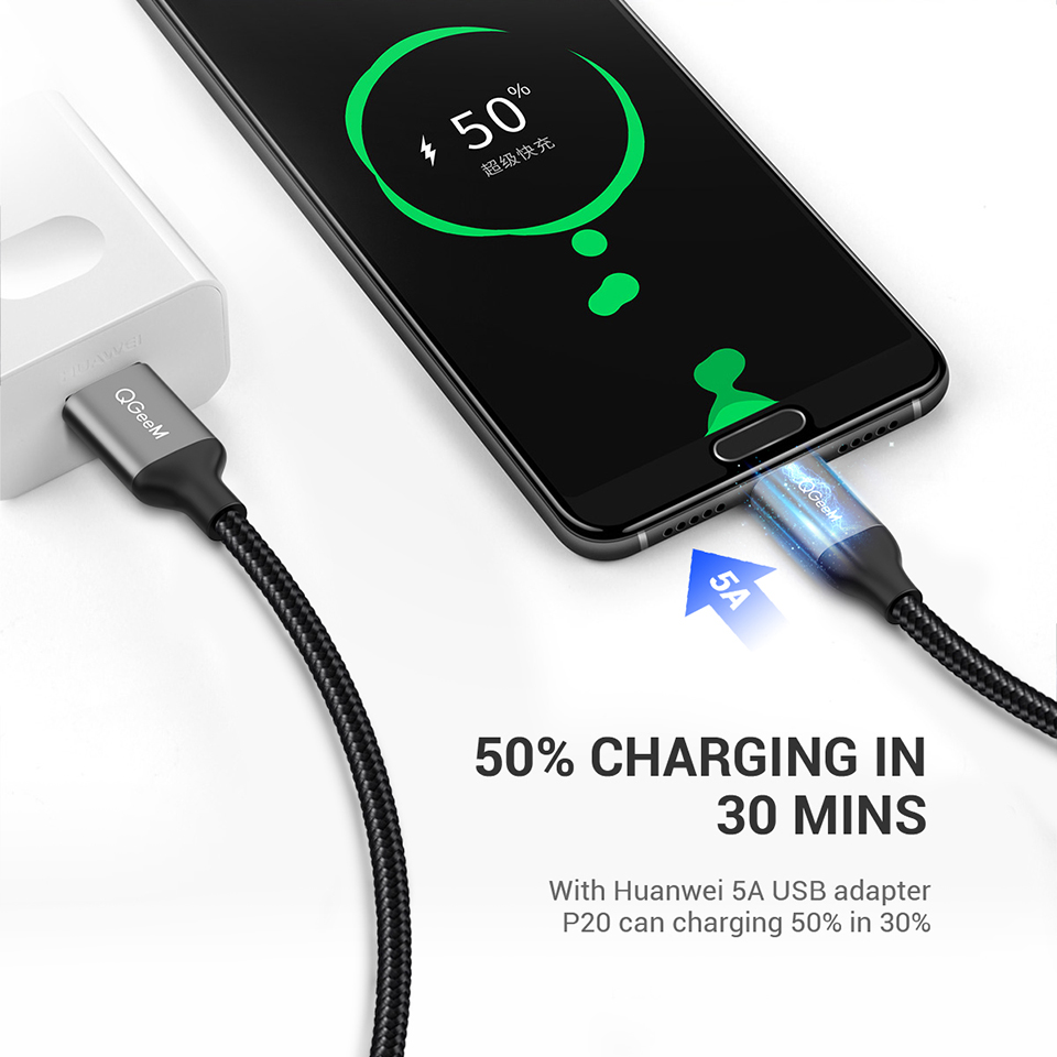 QGEEM 5A USB Type C Kabel voor Huawei P20 Mate 20 Pro USB Snel Opladen USB C Datakabel Honor v10 Supercharge Type-C Kabel