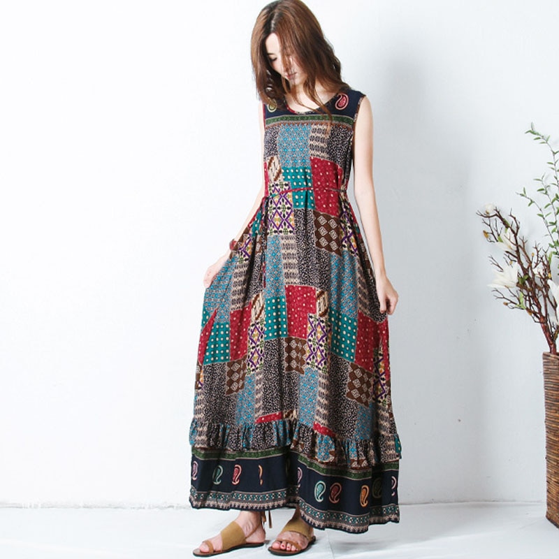 ZANZEA verano dibujo bohemio mujeres cuello redondo sin mangas suelta playa Maxi vestido largo volantes Casual Sundress de talla grande: S