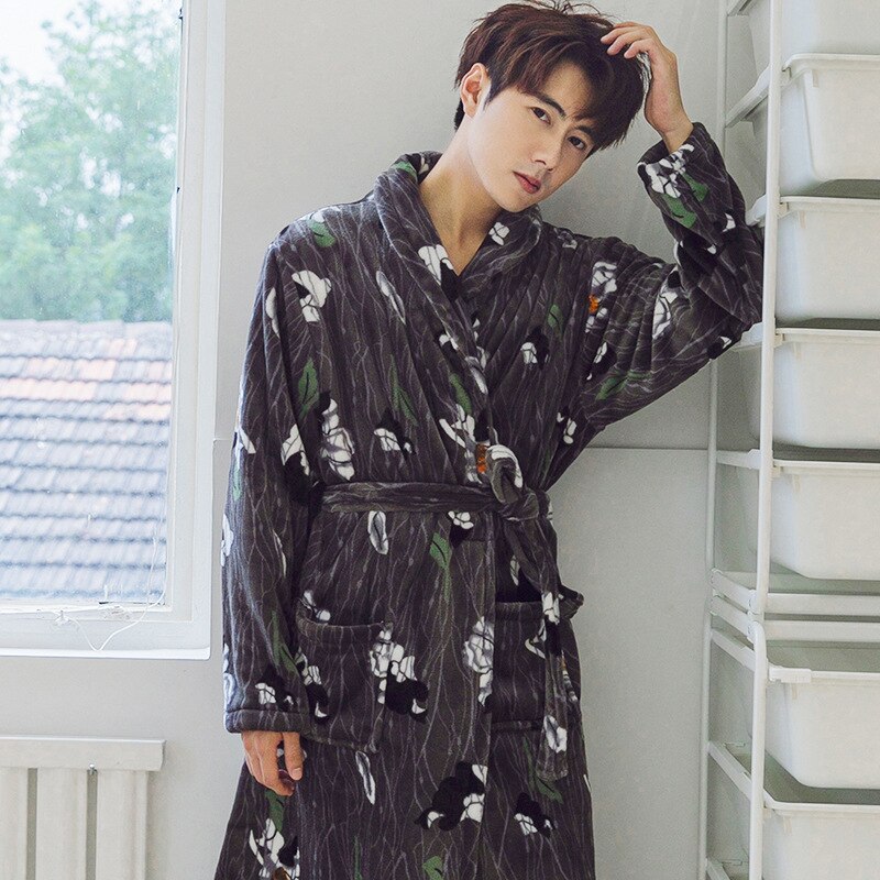 Gewaden Mannen Turn-down Kraag Gedrukt Flanel Warme Zachte Winter Dikkere Lange Eenvoudige Dagelijkse Mens Trendy Kleding chic: 1