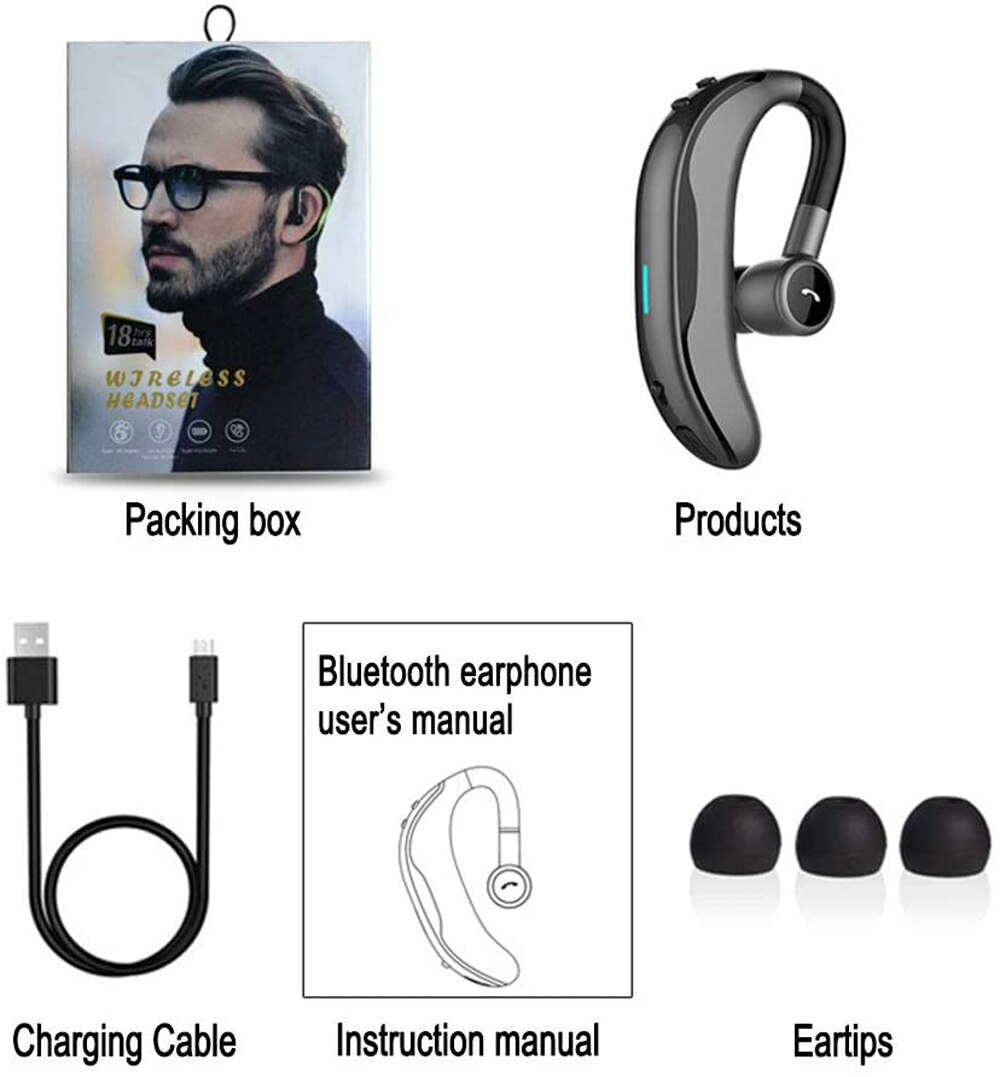 Bluetooth Headset Wireless Hands Free Earpiece with Microphone Waterproof Earbud V4.1 Car Headphones for Office Driving
