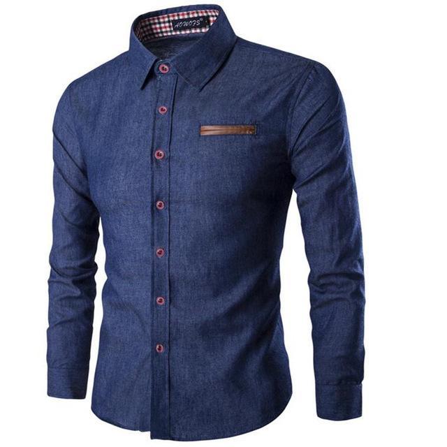 Men's Denim Long Sleeve Shirt Brand Clothing Male Slim Fit Shirts Denim Workwear Men Jeans Shirt Camiseta Masculina: Dark blue / L