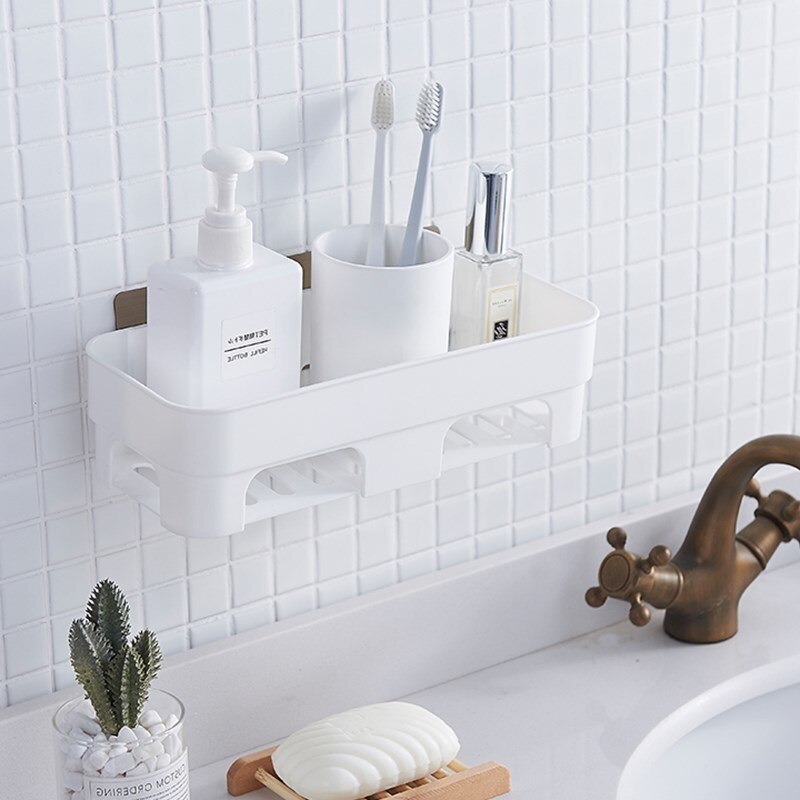 Estantería de baño sin perforar, estantería de plástico para baño, tocador para pared, cesta de almacenamiento, sin rastro, pegatinas XI3081524