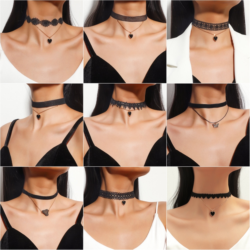 Yobest Hohlen Entwürfe Schwarz Leder Samt Halsband Halskette Schicht Chockers Jahrgang gotisch Schmuck Gothic Halskette für Frauen Collier