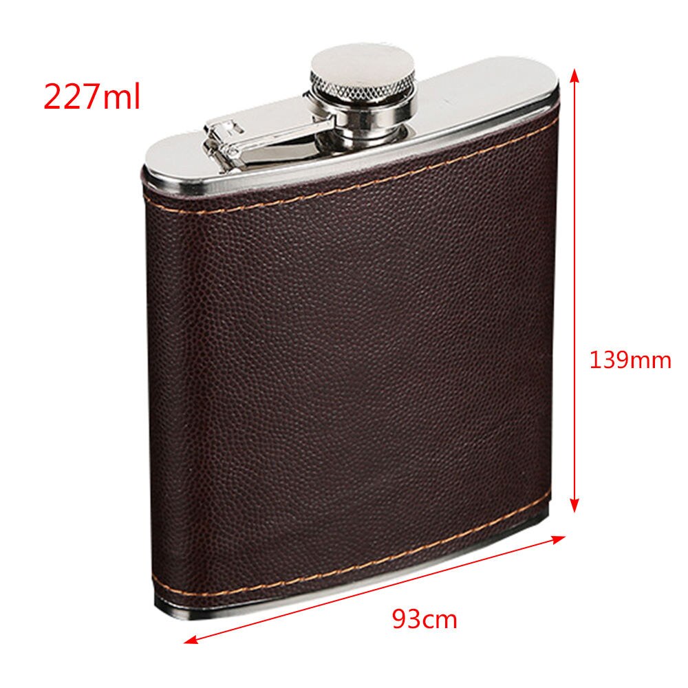 mini rustfritt stål vinflaske 7oz/8oz/9oz pu læroverflate hofteflaske bærbar reise whisky alkoholflaske brennevinflaske: Brun 227ml