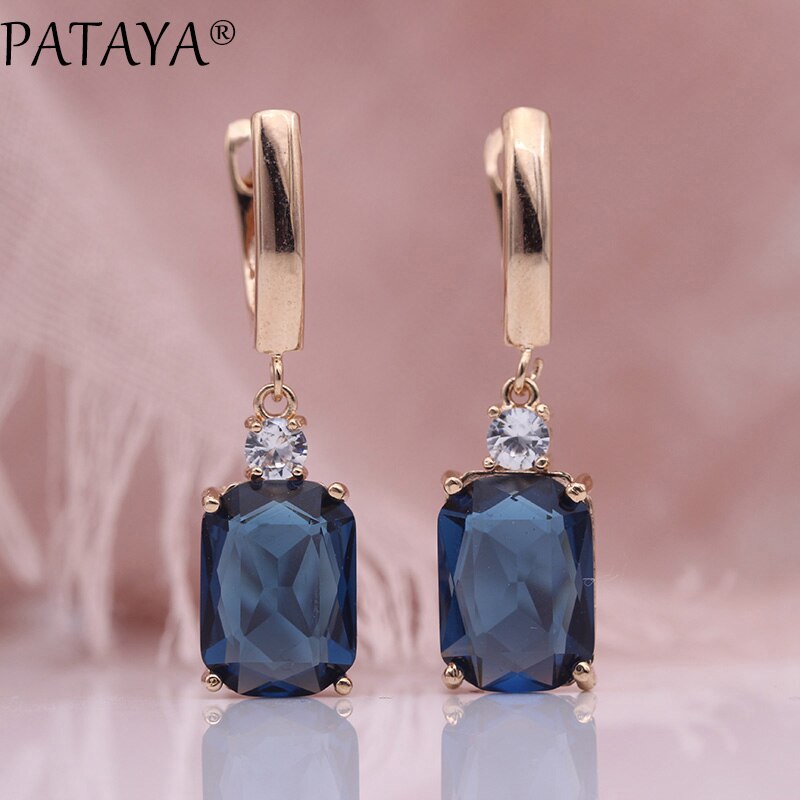 PATAYA Square Dark Blue Long Earrings Women Wedding Jewelry 585 Rose Gold Hollow Multicolor Natural Zircon Dangle Earrings: sapphire