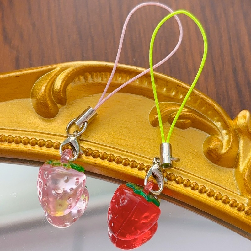 Cute Strawberry Charm for Phone Kawaii Pendant Mini Fruit Lanyard Keychain Bag Zipper Pull Accessory Set Red Pink Purple