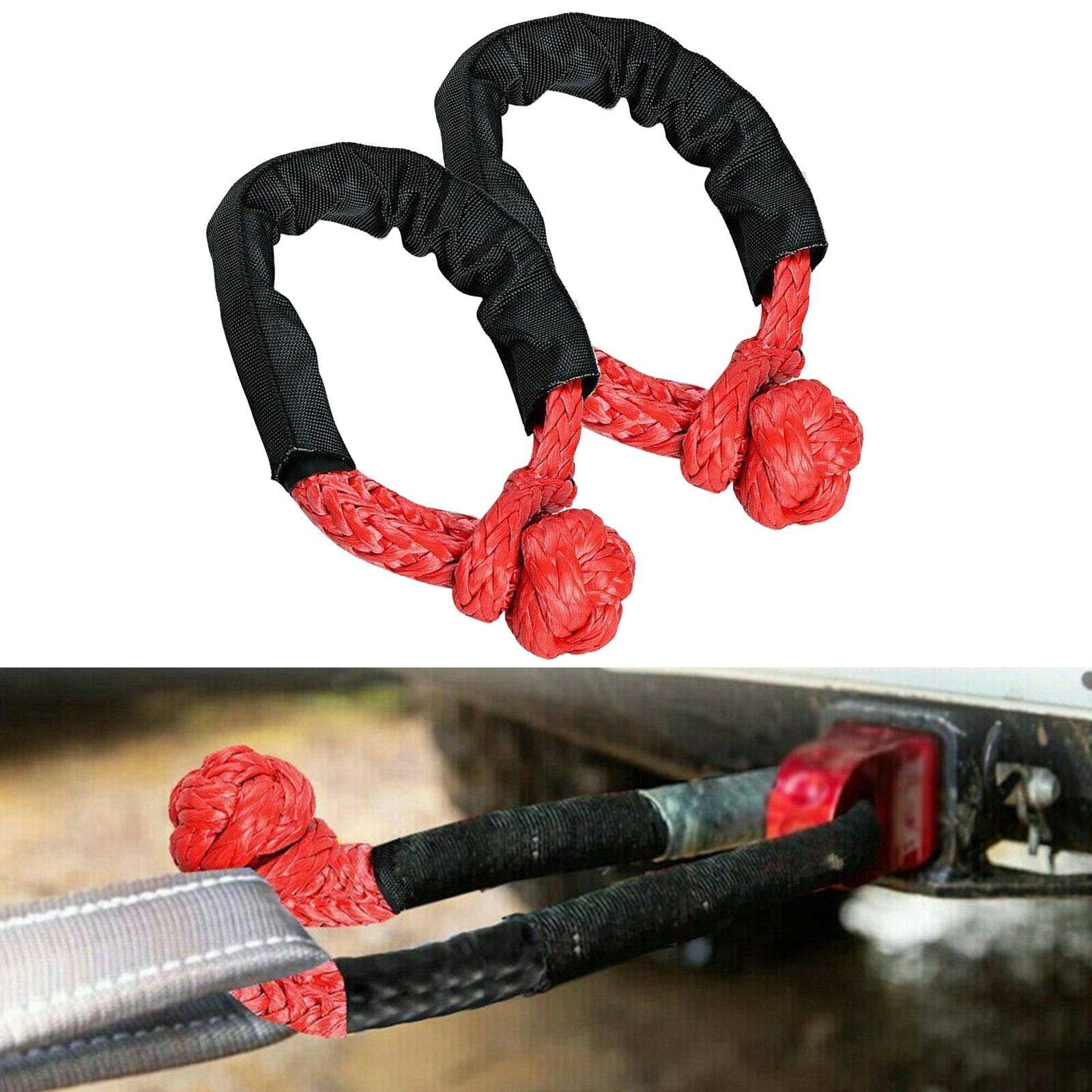 2pcs Durable Synthetic Soft Rope Shackle Recovery Rope for SUV Jeep Off Road Climbing Towing Boating: red