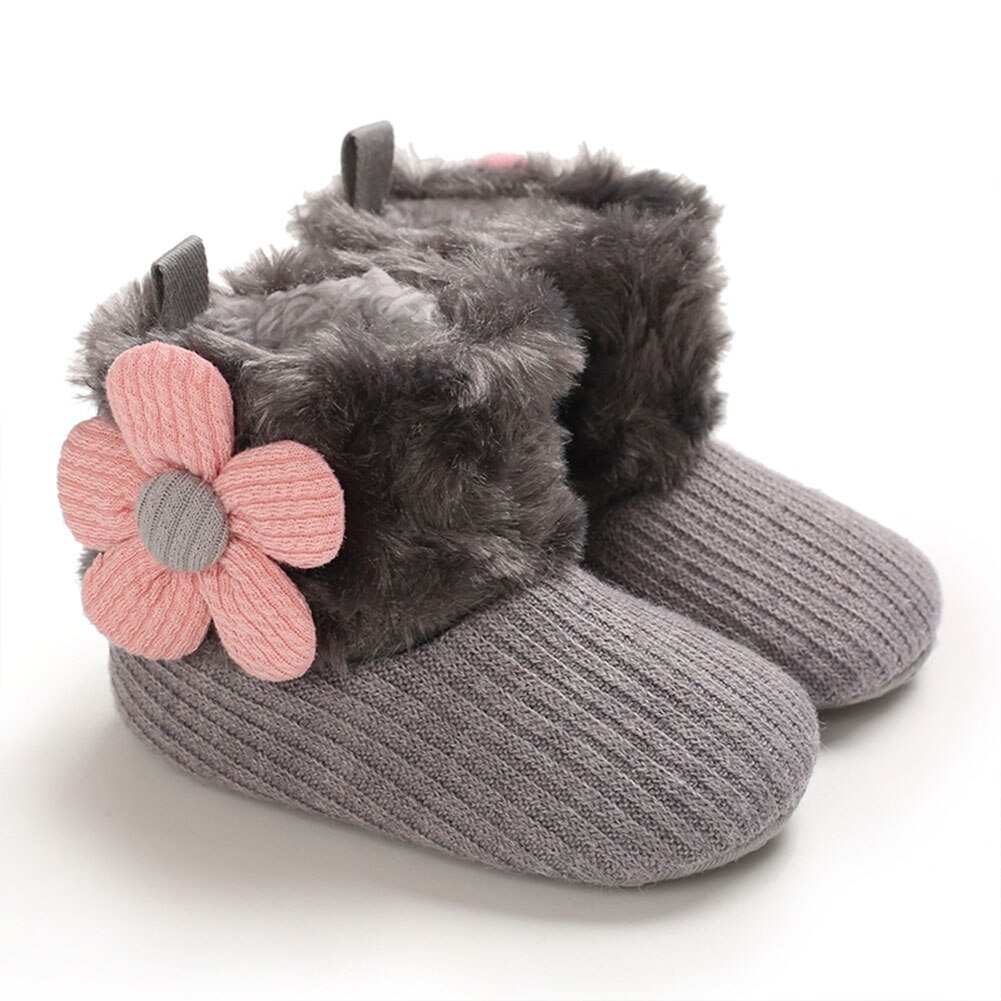 Babymeisjes sneeuwlaarzen winter warm mooie zachte imitatiebont gebreide bloemenlaarsjes antislip baby prewalkers 0-18m: Grijs / 0-6 maanden