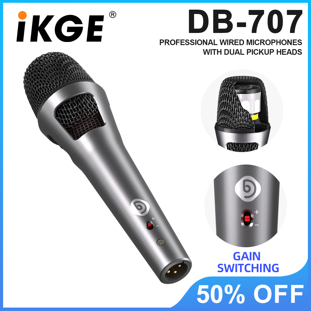 IKGE Wired Dynamic Microphone with Dual Pickups Wired Microphone with Gain Switch for Stage, Orchestra DB-707