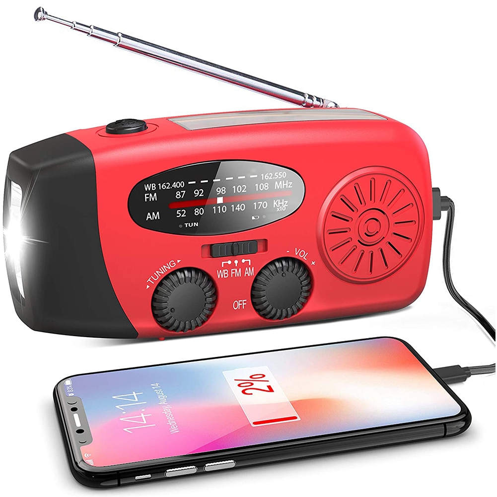 Multifunctional Hand radio Solar Crank Dynamo Powered AM/FM/NOAA Weather Radio Use Emergency LED Flashlight and Power Bank: Red