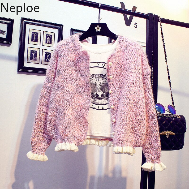 Neploe koreansk sød stil korte cardigans sweater kvinder flæser o hals perle veste femme løs strik studenterfrakke 46277