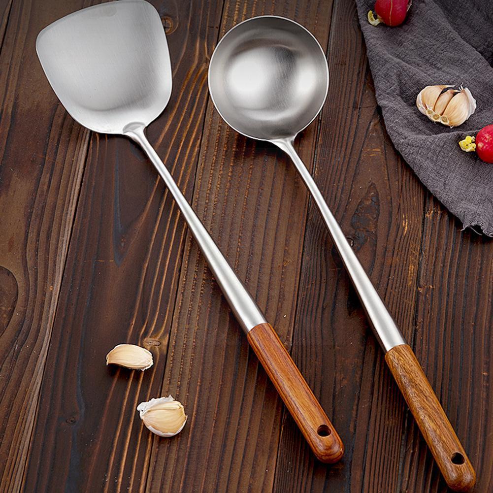Steel Kitchen Wok Spatula Spoon Chinese Cooking Tool Bar Tools Wooden Safety Handle Durable Kitchen F8v6