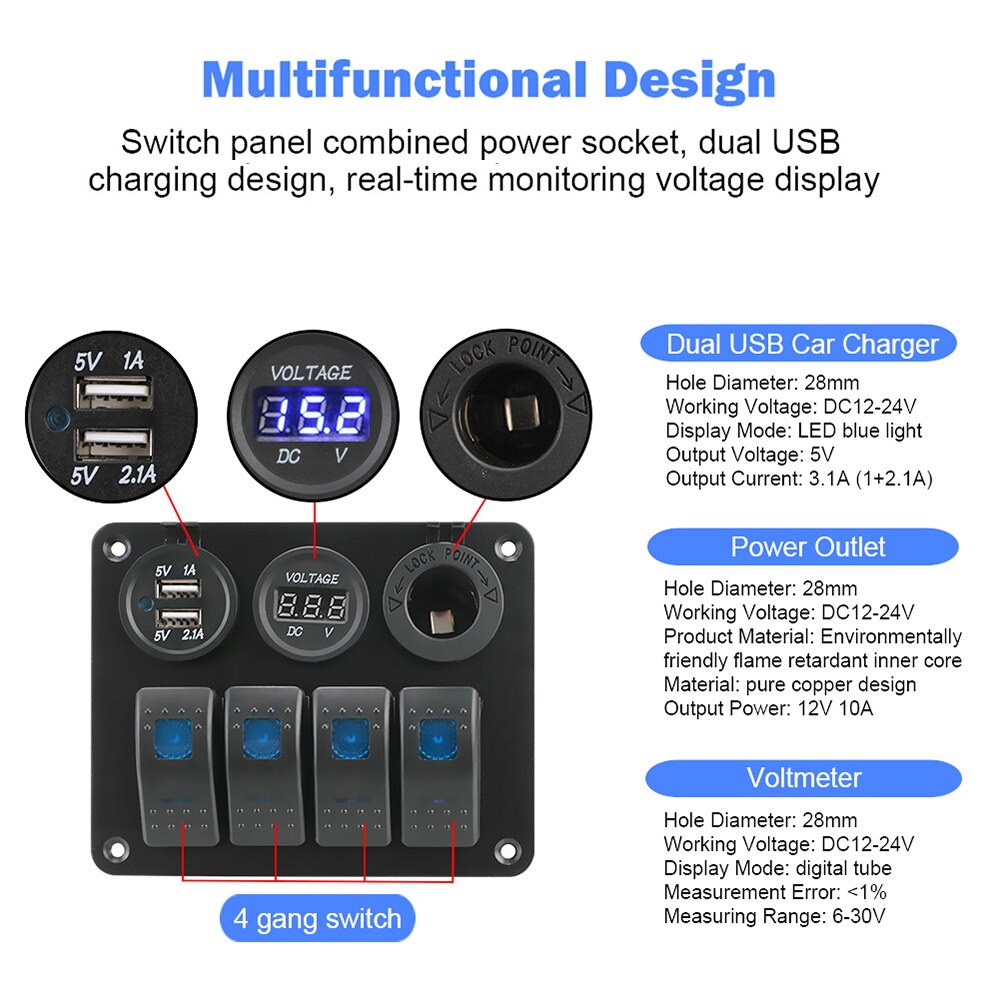 4 gangs 12v/24v led vippebryter panel dobbel usb port effektbryter vanntett digital voltmeter for bil rv campingvogn campingvogner