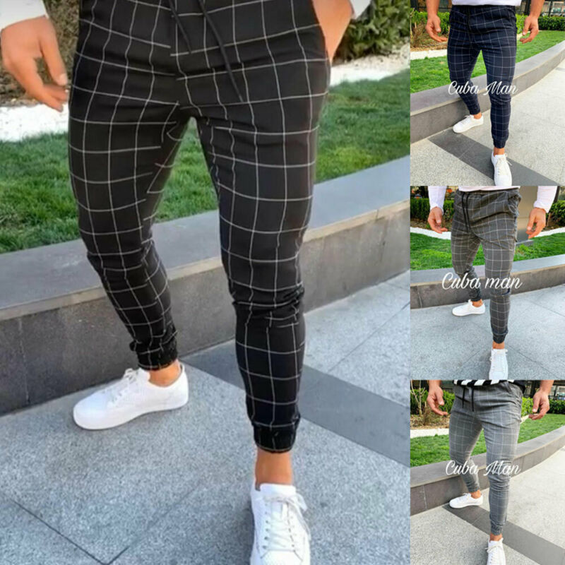 Pantalon de survêtement à carreaux pour homme, bas de jogging moulant, Streetwear, à la