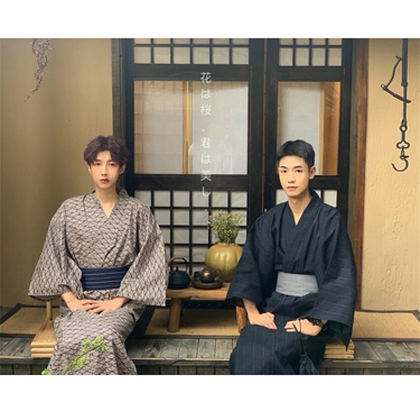 Kimono de estilo japonés para Hombre Ropa de estar por casa con estampado de lingote, larga ropa de dormir, pijamas Haori, cárdigan Vintage informal, albornoz