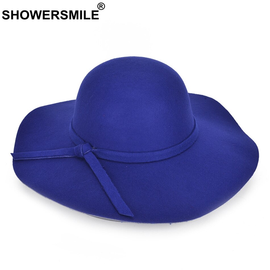 SHOWERSMILE Red Hats For Women Tweed Fedoras Hat Female Large Brim Caps Ladies Bowler Bowknot Autumn Felt Hat Brand: blue hat