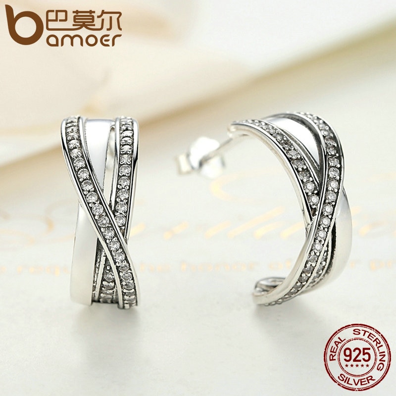 BAMOER Genuine 100% 925 Sterling Silver Entwined with Clear CZ Stud Earrings for Women 925 Silver Special Store PAS493