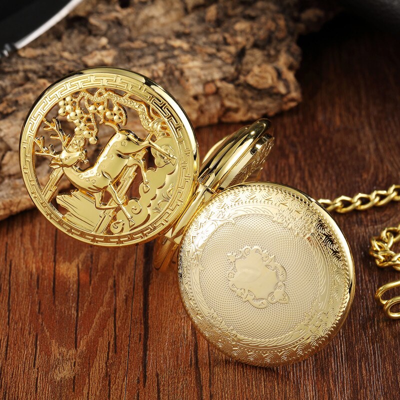Golden 2 Side Mechanisch Zakhorloge Hollow Herten Patroon Steampunk Skeleton Fob Horloges Ketting Hangende Horloge Voor Vrouwen Mannen