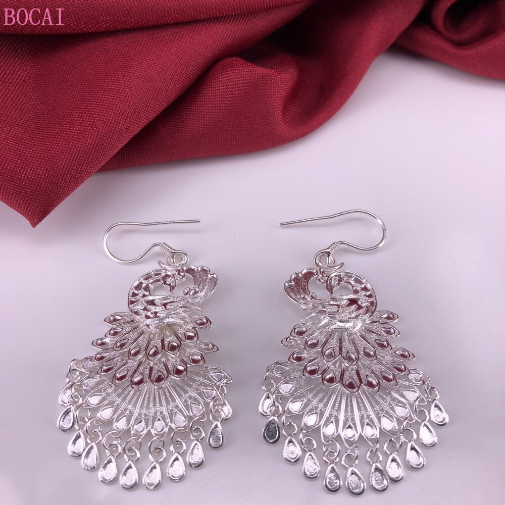 S990 reinem silber Cloisonné pfau Phönix ohr tropfen ohrbüGel reine Hand gebürstet nationalen ohrringe für frauen