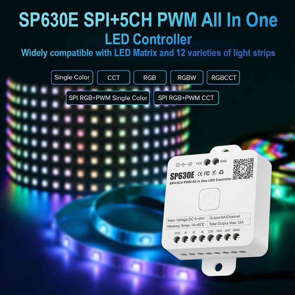 SP530E SP630E WiFi Alexa Bluetooth LED Controller Ondersteuning PWM Monochroom CCT RGB RGBW RGBCCT of SPI TTL IC Chip LED Strip/Matrix