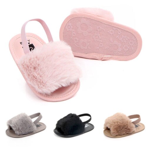 UK Leuke Peuter Baby Meisje Prinses Pluizige Bont Sandalen Slippers Crib Schoenen 0-18 M