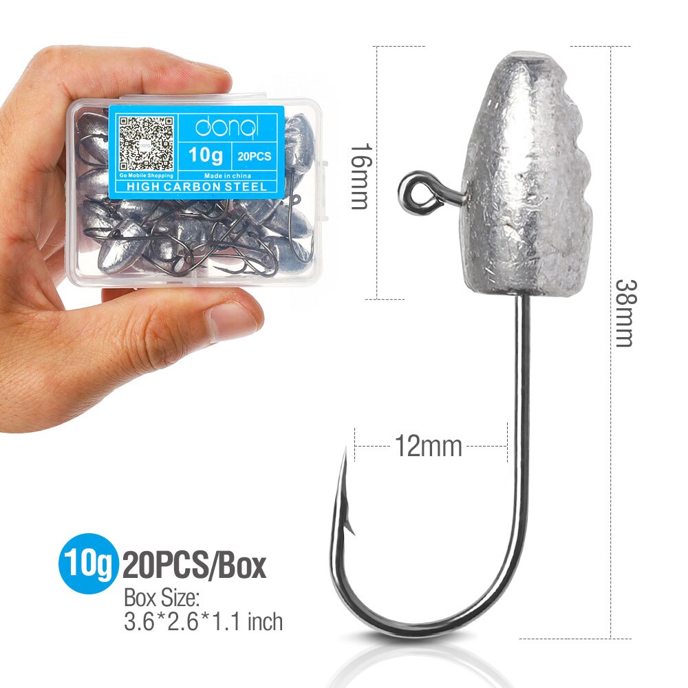 Donql 20 stk/ kasse med modhager fiskekroge bly jighoved fiskekrog til blød orm lokker 3g 5g 7g 10g karpe fiskekroge: 10g