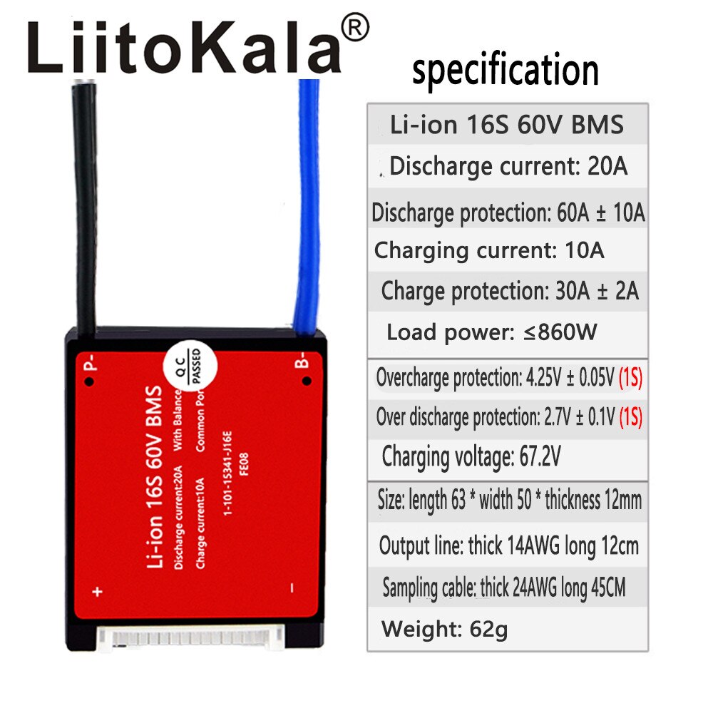 Liitokala 10S 13S 16S 20S Bms 20A 36V 48V 60V 72V Pcm pcb Voor 3.7V Lithium-Ion Accu 18650 Nmc E-Fiets Scooter Ntc