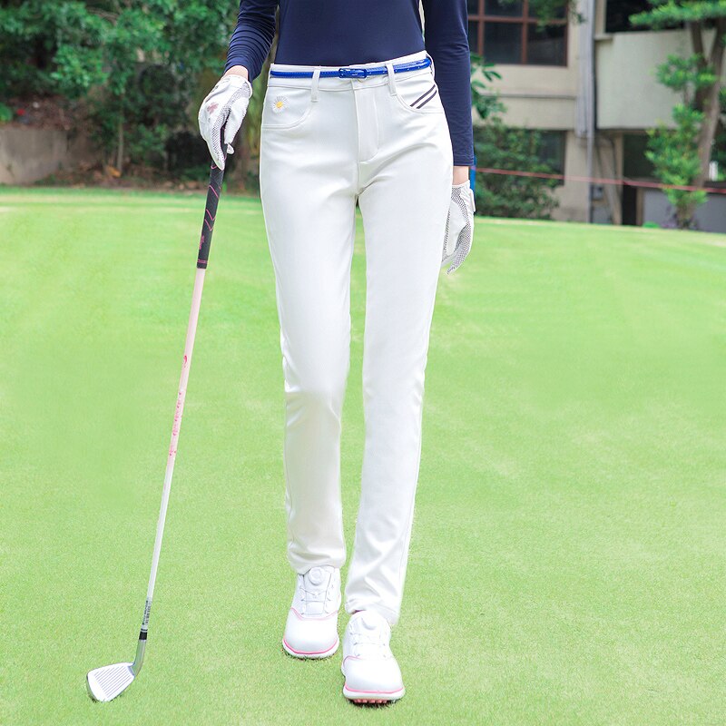 Herfst Winter Golf Kleding Vrouwen Fleece Broek Dikke Warm Mid-Taille Slim-Fit Sport En Leisure Golfbal broek Met Riem: WHITE / Xl