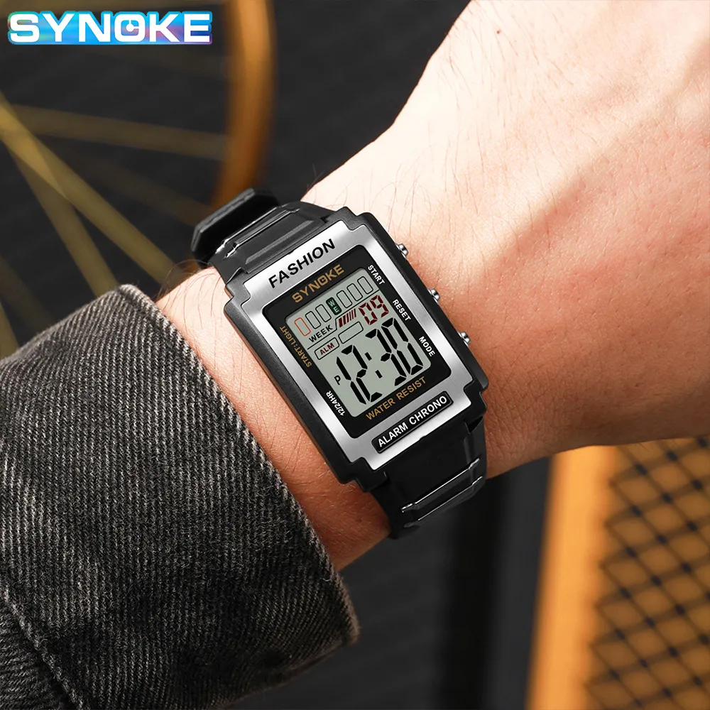 Synoke men's rectangular sports electronic watch, waterproof, 50m night lights, large screen alarm clock, trendy retro style