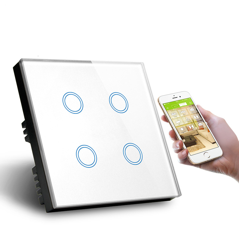 EU Standard wifi smart switch Touch screen 4 Gang Alexa Voice Control Wall Wifi tuya Switch 1000W White Crystal Glass Panel 220V