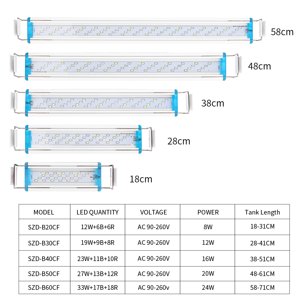 Superschlanke LEDs, Aquarienbeleuchtung, Wasserpflanzenlicht, erweiterbare Clip-an-Lampe, 18–75 cm, für Aquarium, 90–260 V