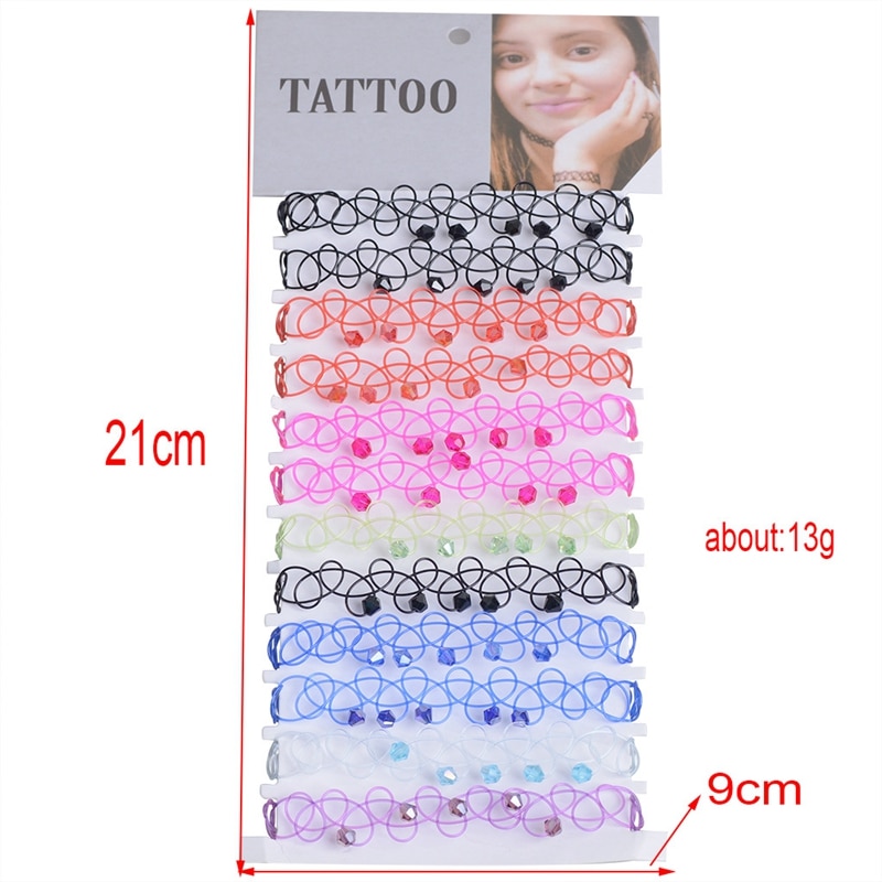 12 pcs/Set Fishline Tattoo Black Crystal Bracelets Vintage Stretch Henna Gothic Punk Elastic Hollow Wristbands Women Jewelry 4.9