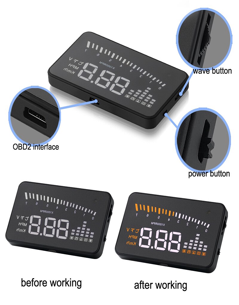OBD2 II Interface Speeding Warning System GPS speedometer Car hud head up display Digital car speedometer KM/h MPH X5 3"