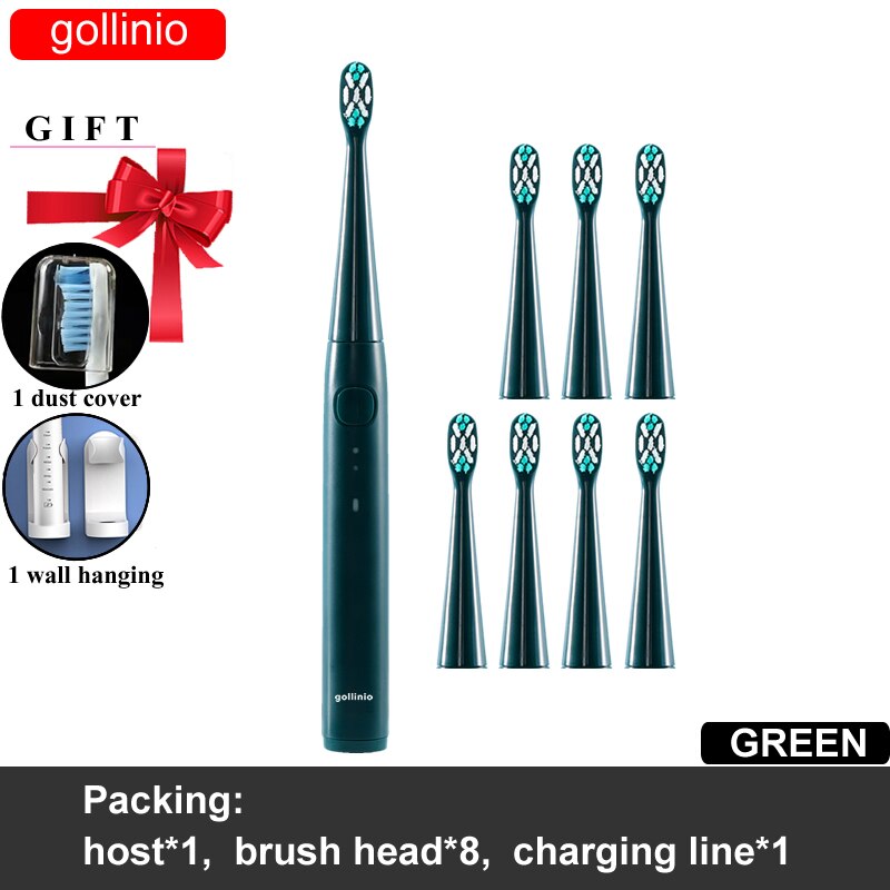 gollinio Electric Toothbrush usb fast charging GL56E smart electr toothbrush prodent Rechargeable Replacement Head: GL56GREEN8H-H